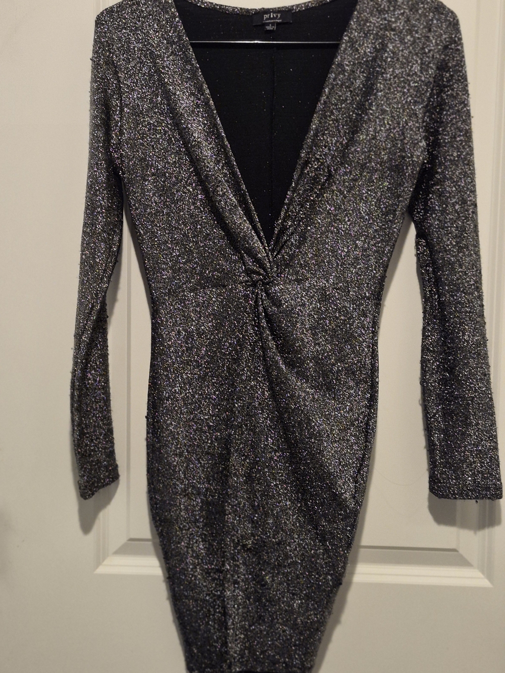 Privy Metallic Silver Twist-Front Long Sleeve Dress